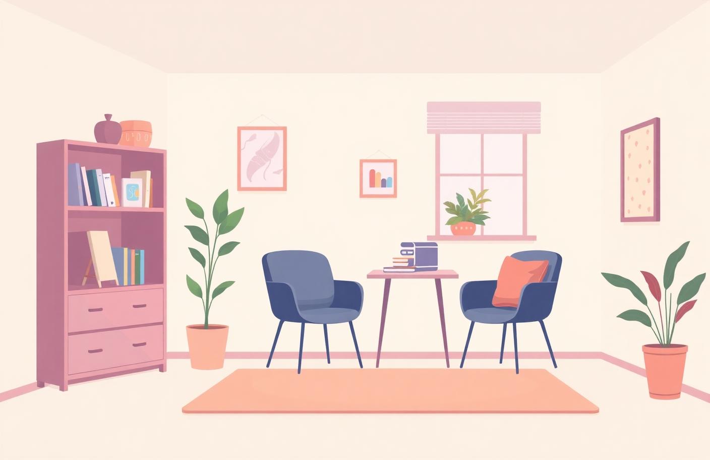 Ilustración de un box de terapia con dos sillones, escritorio y estante con juegos