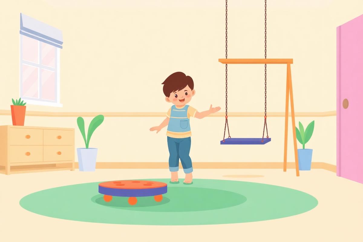 Ilustración de una niña en una sesión de terapia ocupacional con columpio y tabla de equilibrio