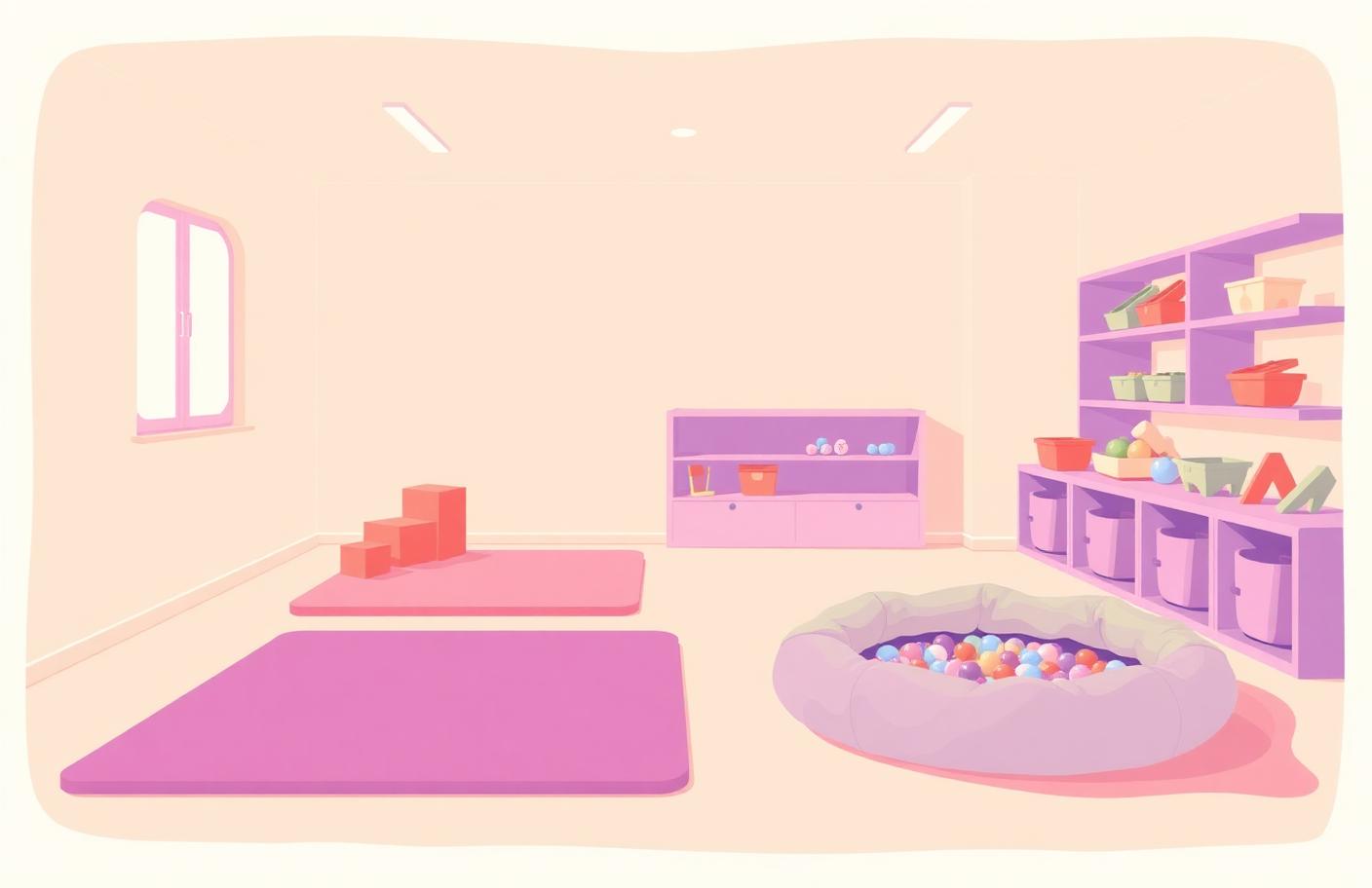Ilustración de la zona de juegos con colchonetas, bloques y piscina de pelotas